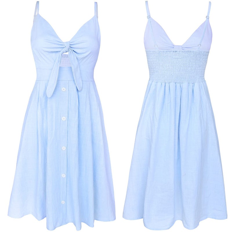 FANCYINN Women's Tie Front Dress Button Down Spaghetti Strap Cute Midi Dress A Line Swing Dress for Women Light Blue XS - Image 5